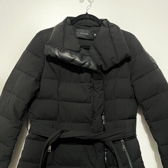 Tahari Womens Belted Puffer Coat Size M Black Asymmetrical Long Apres Ski Winter - Picture 3 of 11